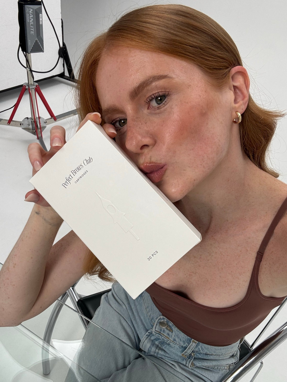 A candid studio moment with Terezia and Perfect Brows Club cartridges
